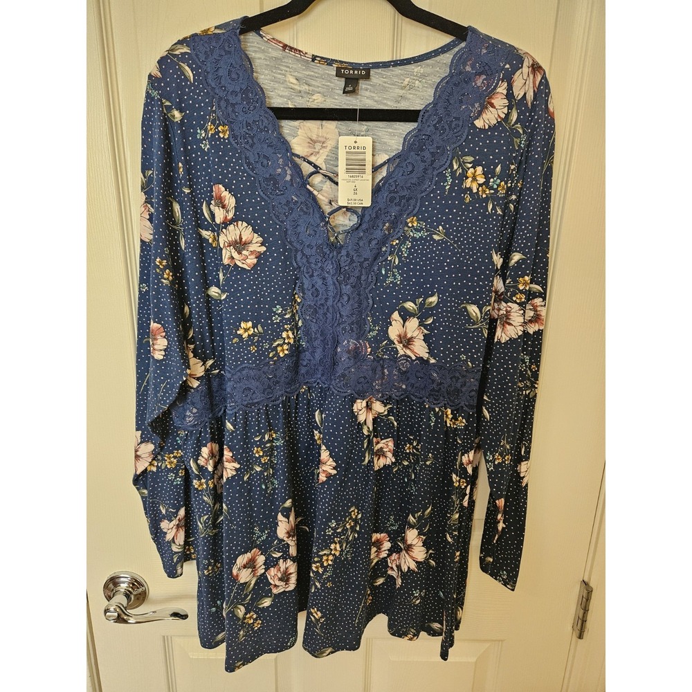 NWT Torrid Blue Lace Floral Lace-Up Polka Dots Long Sleeve Top, Plus 4X